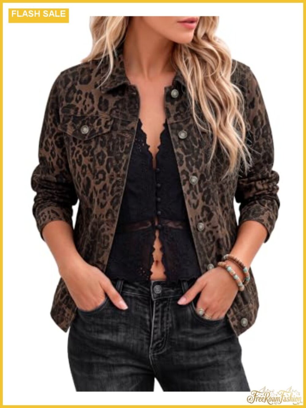 Leopard Print Jean Jacket Denim Trucker Buttons Stretch Women Casual